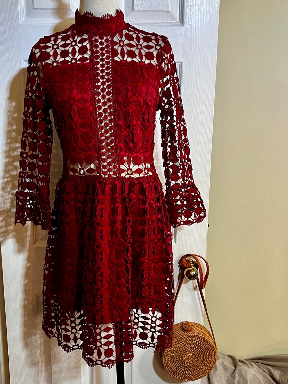 Eilly Bazar Wms Wine Lace Embroidery Cutout Inset Sheer Fit&Flare Mini Dress M - Picture 3 of 15